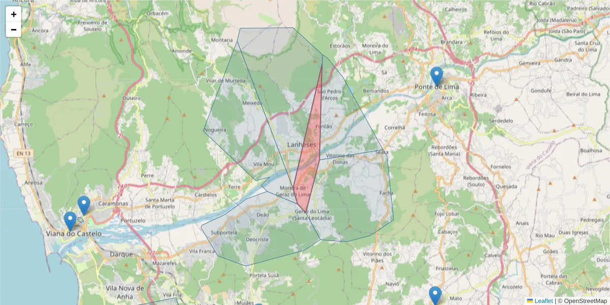 Mapa detalhado do código postal 4925-422 com limites, códigos postais vizinhos e agências dos correios