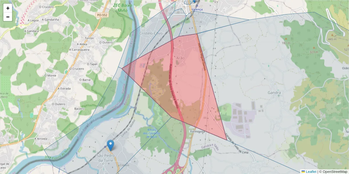 Mapa detalhado do código postal 4930-002 com limites, códigos postais vizinhos e agências dos correios