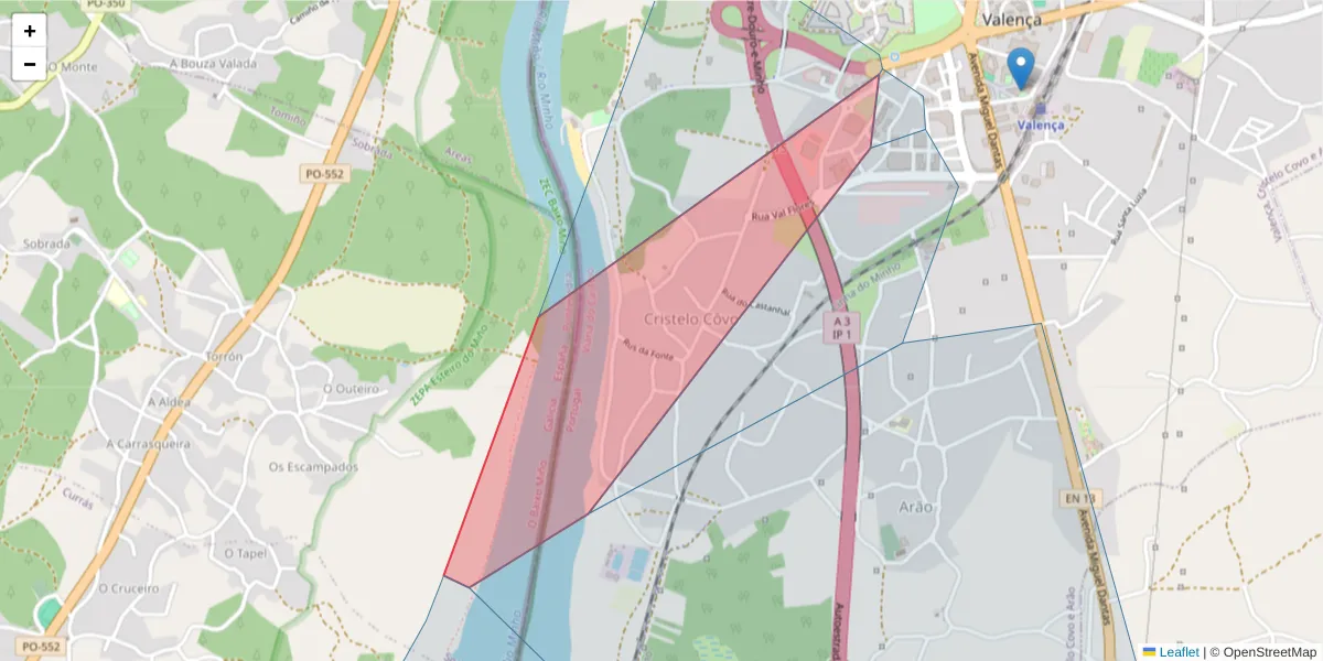 Mapa detalhado do código postal 4930-591 com limites, códigos postais vizinhos e agências dos correios