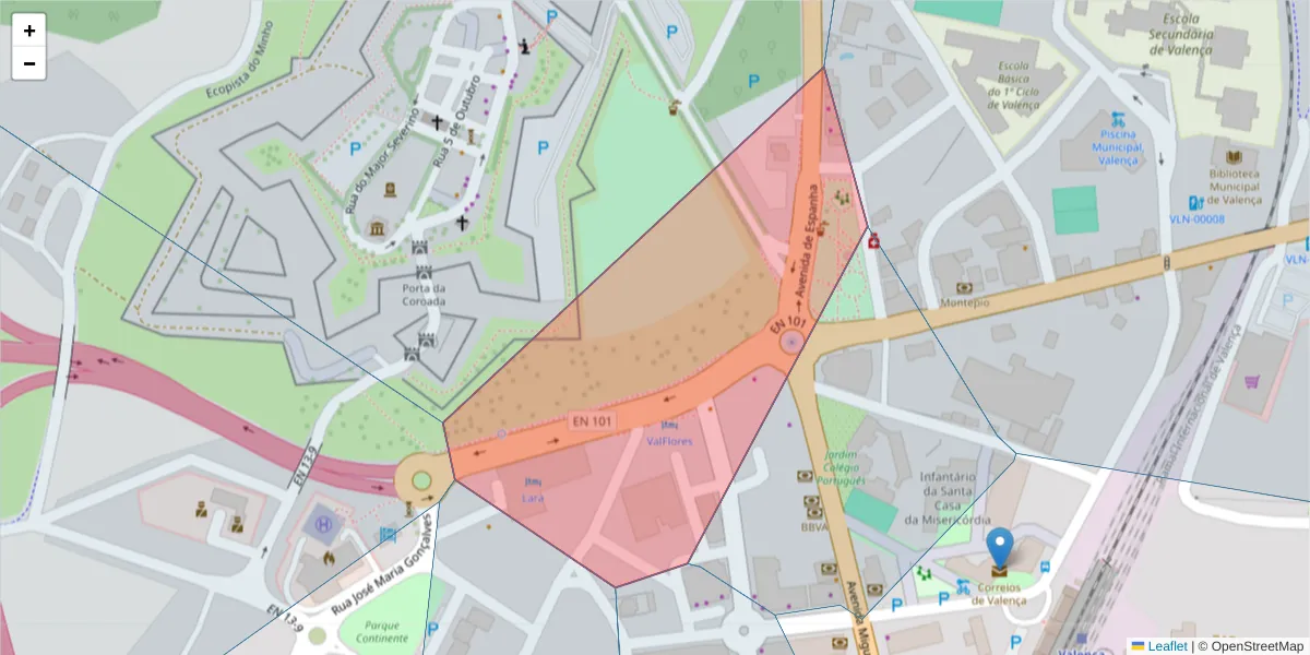 Mapa detalhado do código postal 4930-593 com limites, códigos postais vizinhos e agências dos correios