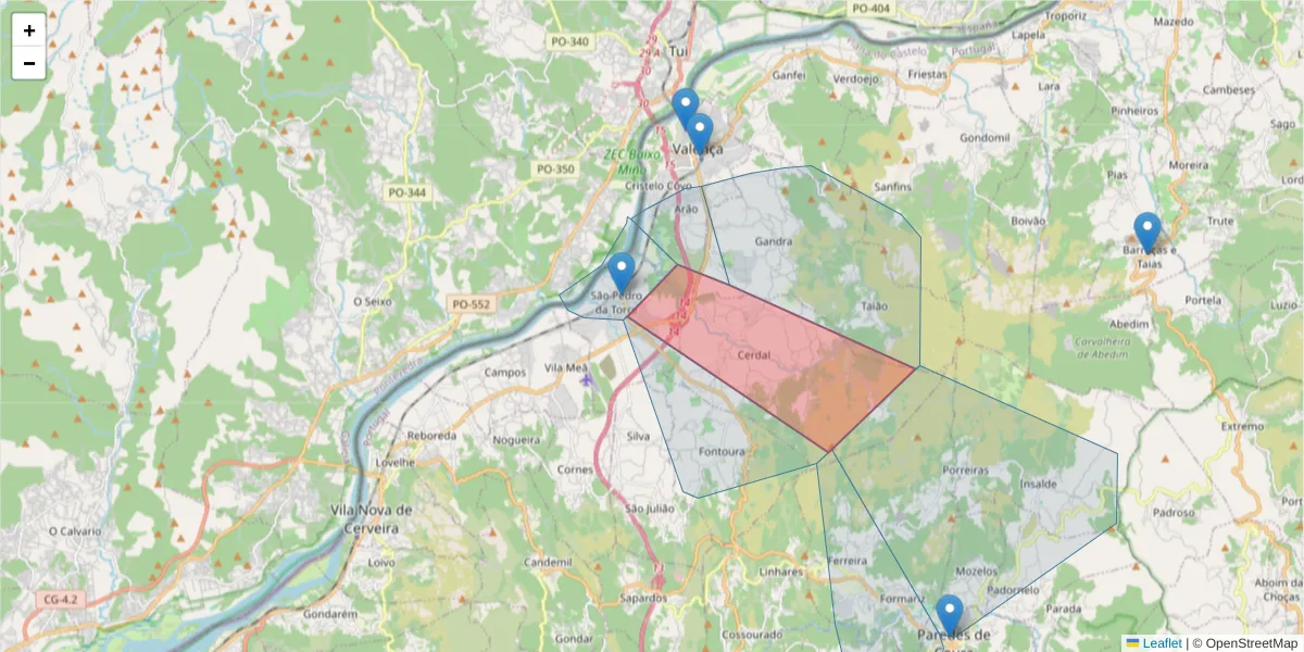 Mapa detalhado do código postal 4930-601 São Pedro da Torre com limites, códigos postais vizinhos e agências dos correios