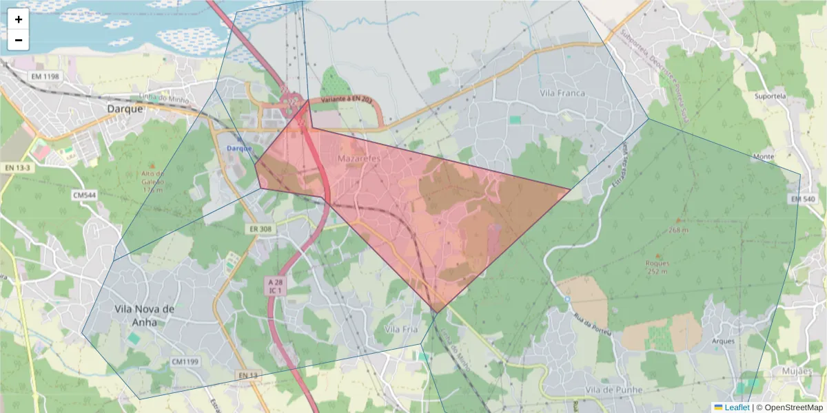 Mapa detalhado do código postal 4935-000 com limites, códigos postais vizinhos e agências dos correios