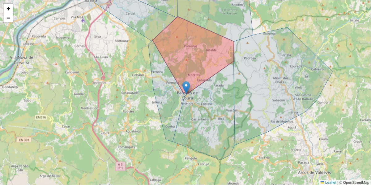 Mapa detalhado do código postal 4940-521 com limites, códigos postais vizinhos e agências dos correios