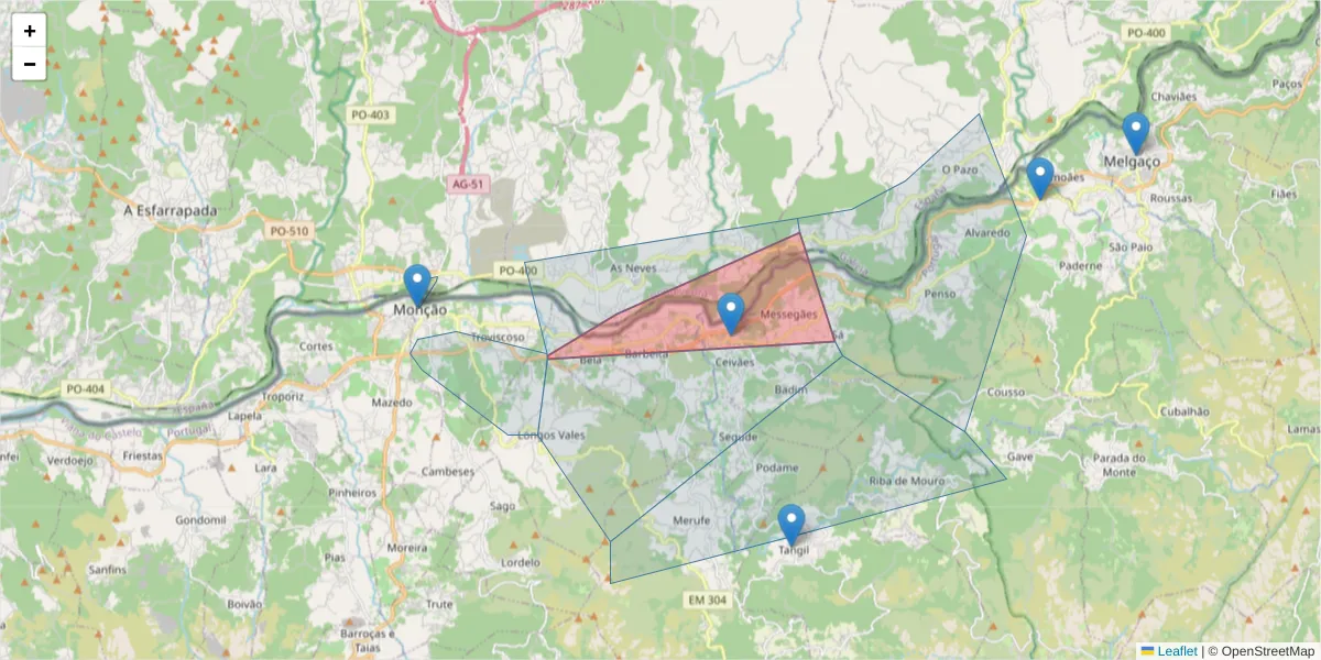 Mapa detalhado do código postal 4950-045 com limites, códigos postais vizinhos e agências dos correios