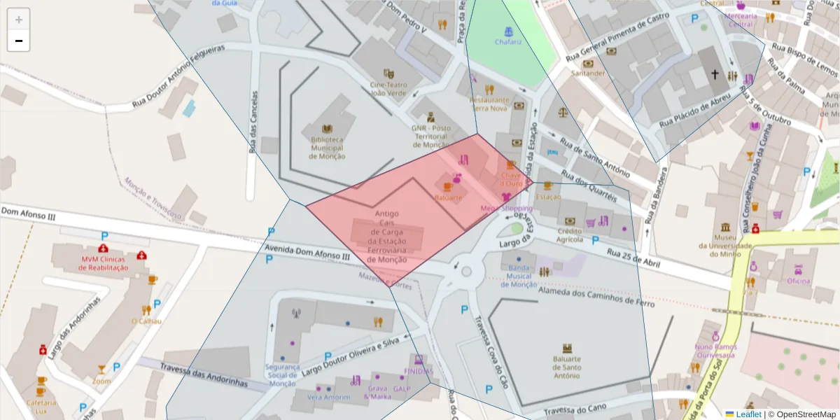 Mapa detalhado do código postal 4950-075 com limites, códigos postais vizinhos e agências dos correios