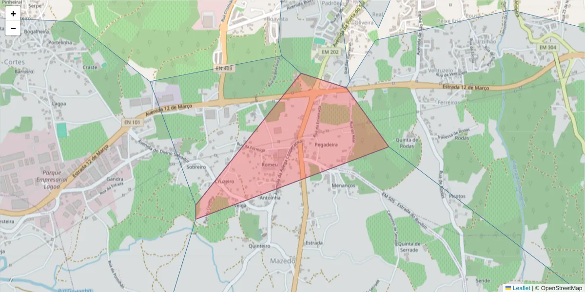Mapa detalhado do código postal 4950-279 com limites, códigos postais vizinhos e agências dos correios
