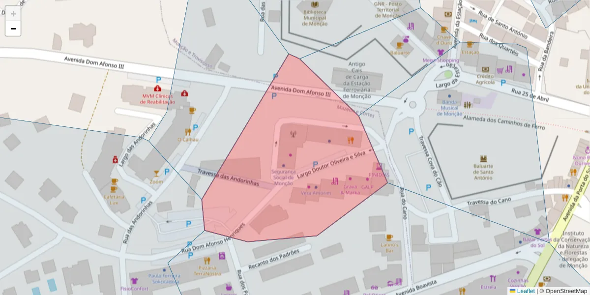 Mapa detalhado do código postal 4950-491 com limites, códigos postais vizinhos e agências dos correios