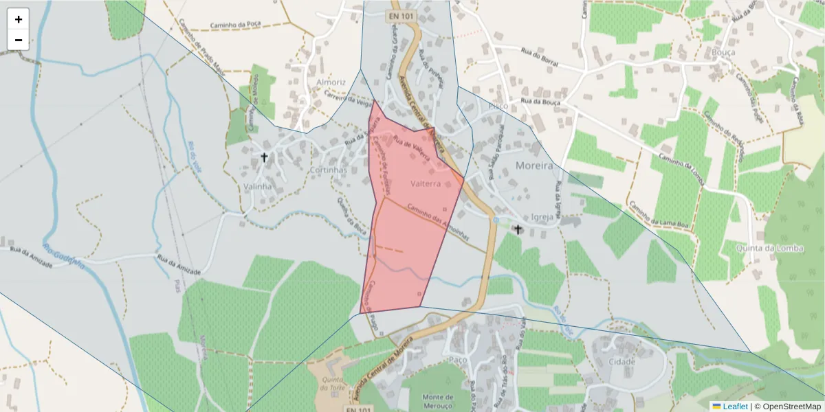 Mapa detalhado do código postal 4950-613 com limites, códigos postais vizinhos e agências dos correios