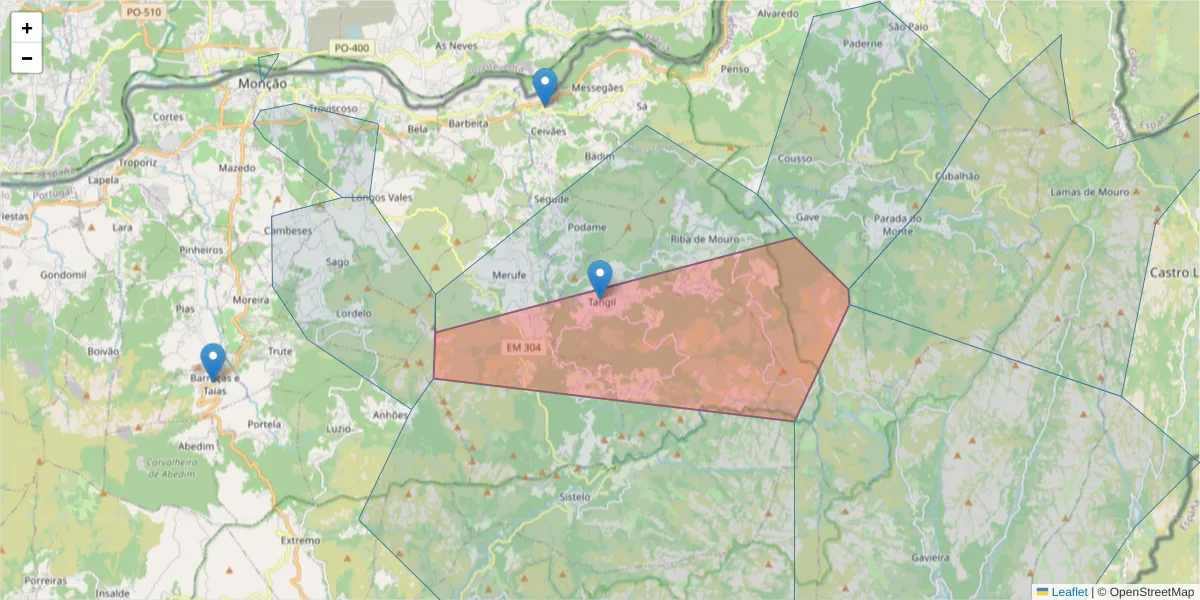 Mapa detalhado do código postal 4950-770 com limites, códigos postais vizinhos e agências dos correios