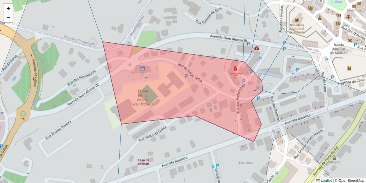 Mapa detalhado do código postal 4950-854 com limites, códigos postais vizinhos e agências dos correios