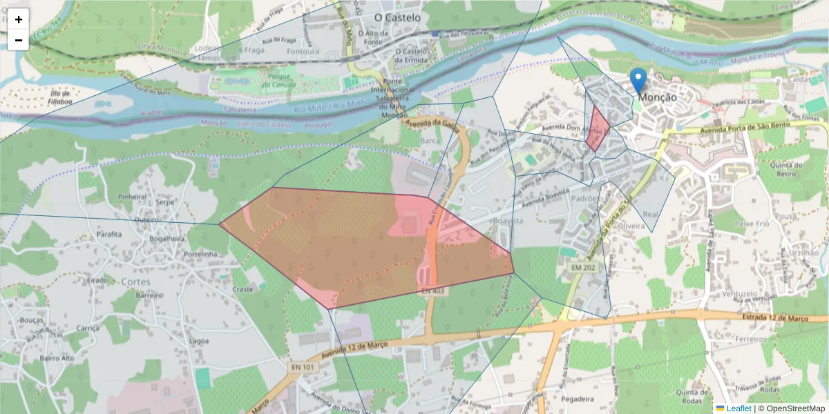 Mapa detalhado do código postal 4950-855 com limites, códigos postais vizinhos e agências dos correios