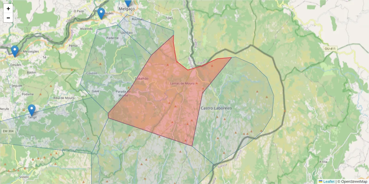 Mapa detalhado do código postal 4960-170 com limites, códigos postais vizinhos e agências dos correios