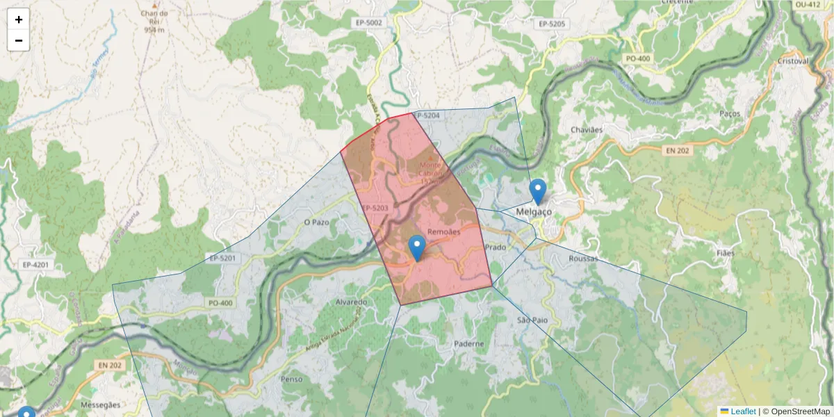 Mapa detalhado do código postal 4960-207 com limites, códigos postais vizinhos e agências dos correios