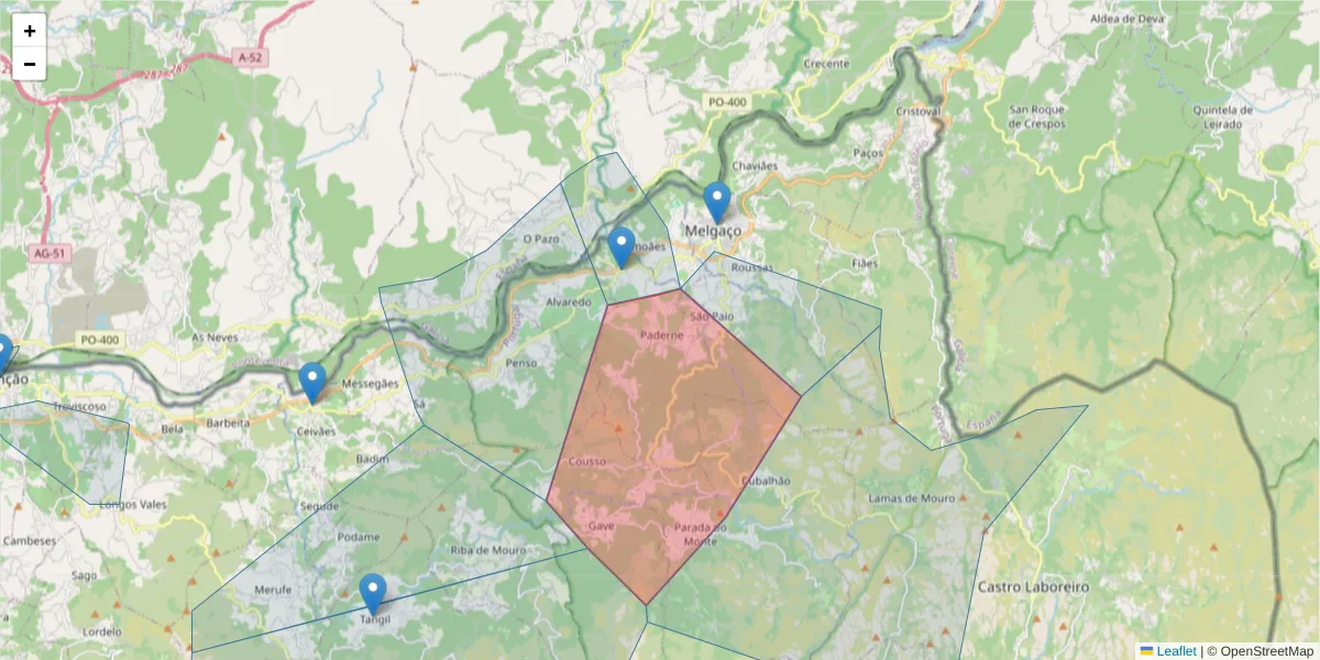 Mapa detalhado do código postal 4960-263 com limites, códigos postais vizinhos e agências dos correios