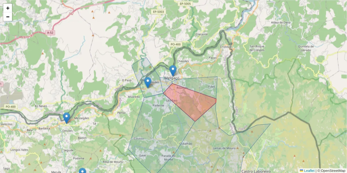 Mapa detalhado do código postal 4960-380 com limites, códigos postais vizinhos e agências dos correios