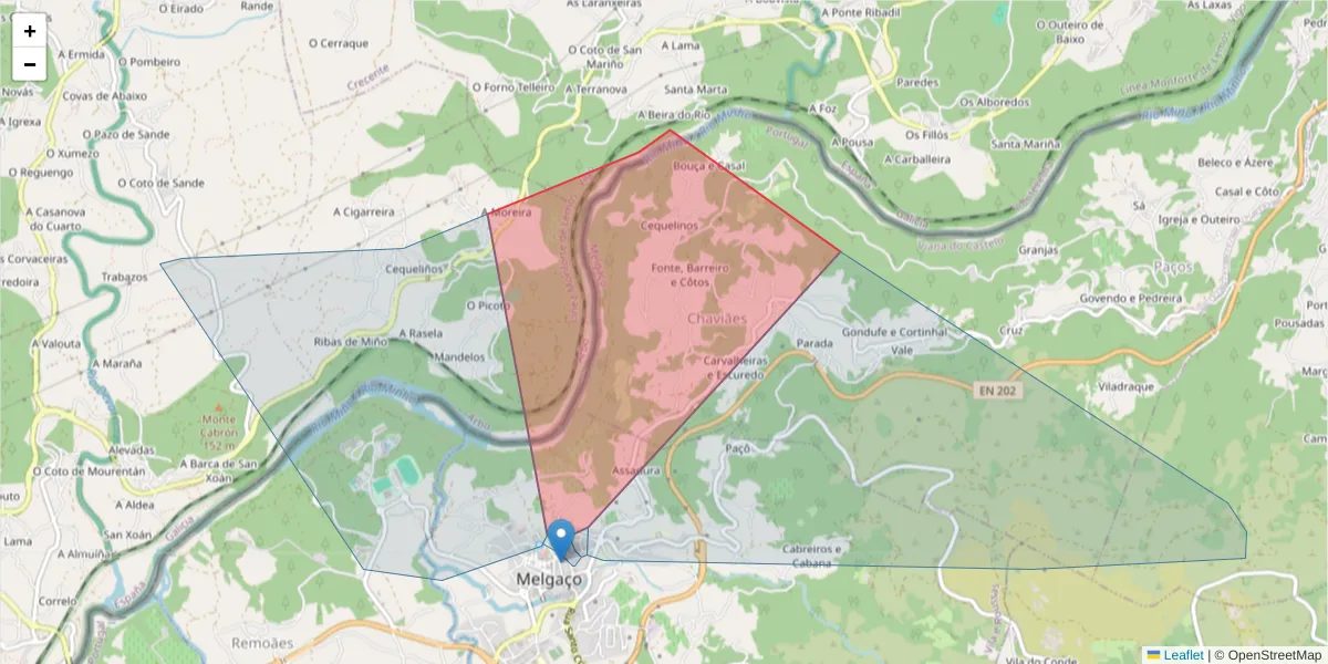 Mapa detalhado do código postal 4960-564 com limites, códigos postais vizinhos e agências dos correios