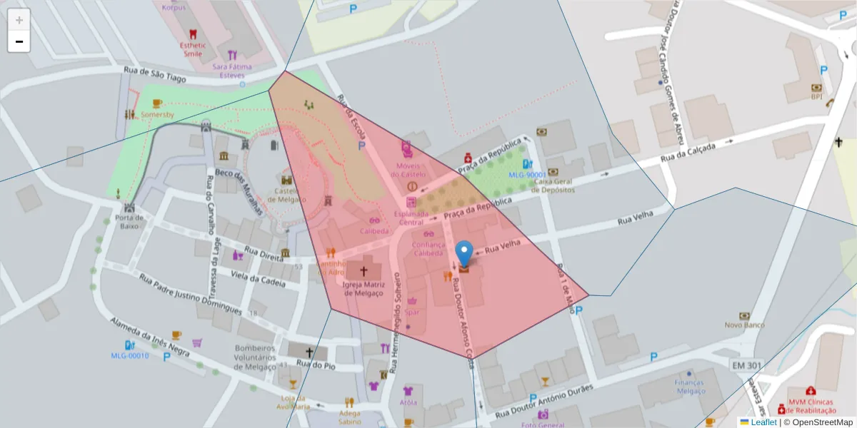 Mapa detalhado do código postal 4960-999 com limites, códigos postais vizinhos e agências dos correios
