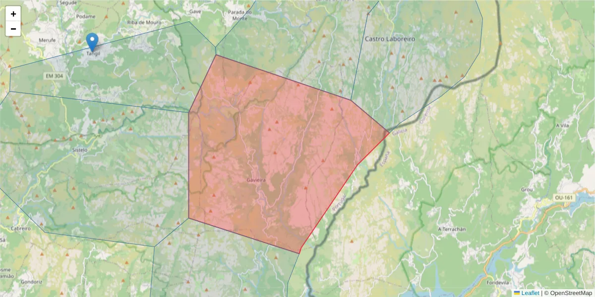 Mapa detalhado do código postal 4970-150 com limites, códigos postais vizinhos e agências dos correios