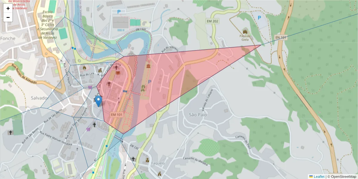 Mapa detalhado do código postal 4970-441 com limites, códigos postais vizinhos e agências dos correios