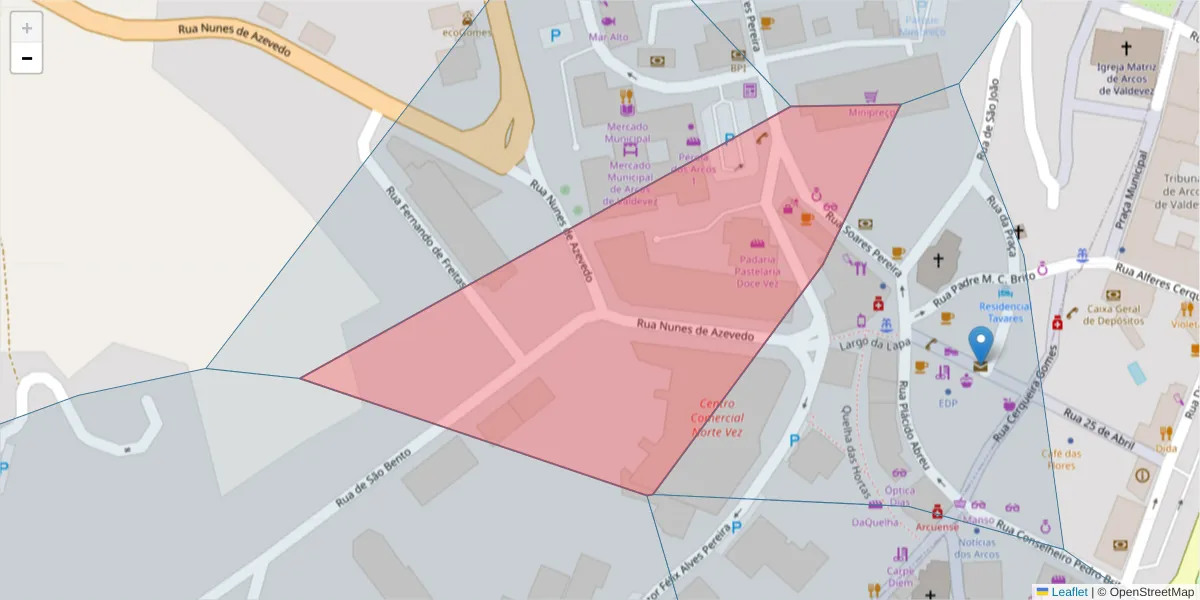 Mapa detalhado do código postal 4970-442 com limites, códigos postais vizinhos e agências dos correios