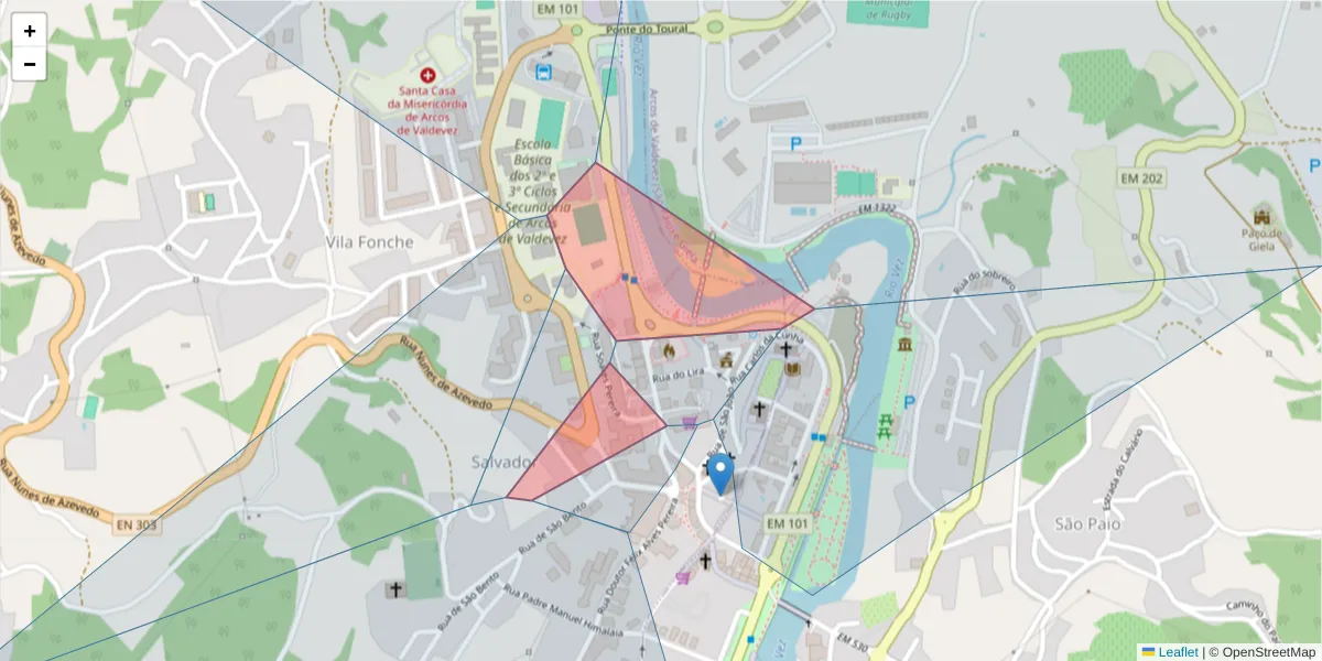 Mapa detalhado do código postal 4970-465 com limites, códigos postais vizinhos e agências dos correios