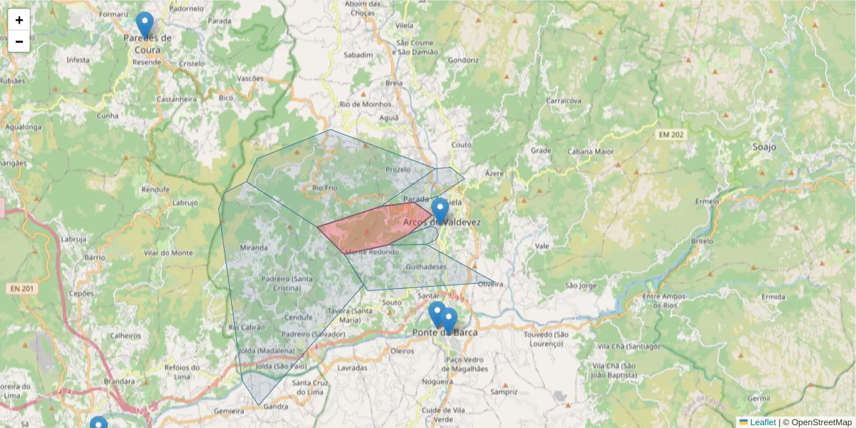 Mapa detalhado do código postal 4970-600 com limites, códigos postais vizinhos e agências dos correios