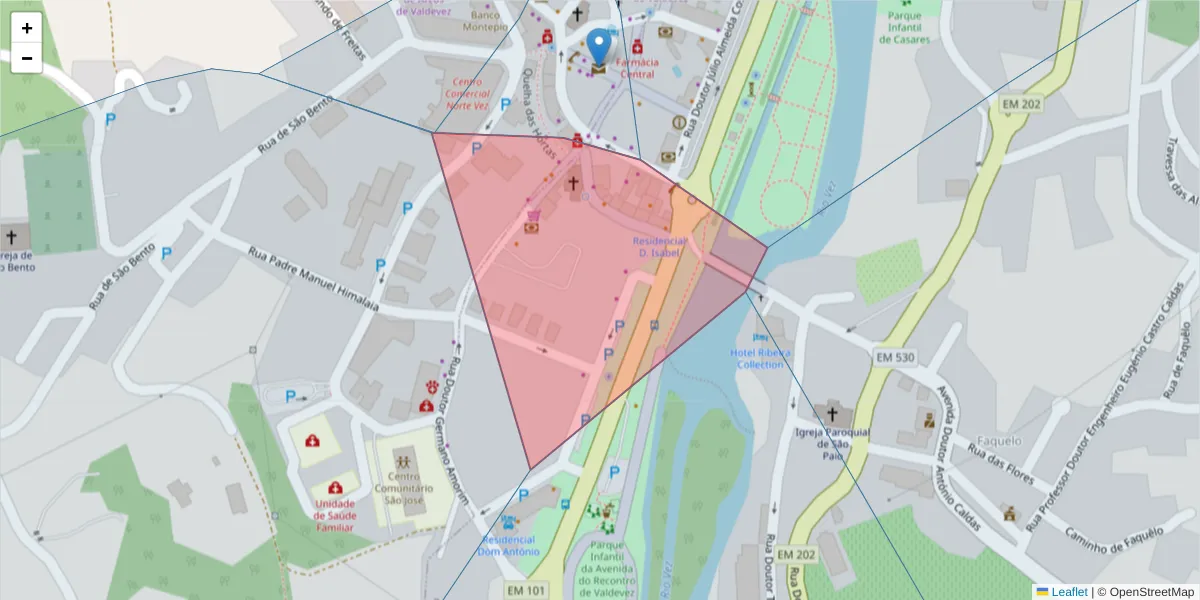 Mapa detalhado do código postal 4970-604 com limites, códigos postais vizinhos e agências dos correios