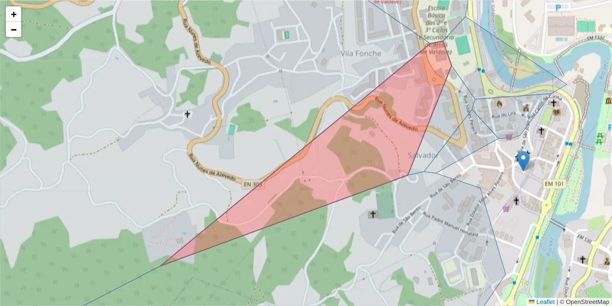 Mapa detalhado do código postal 4970-747 com limites, códigos postais vizinhos e agências dos correios