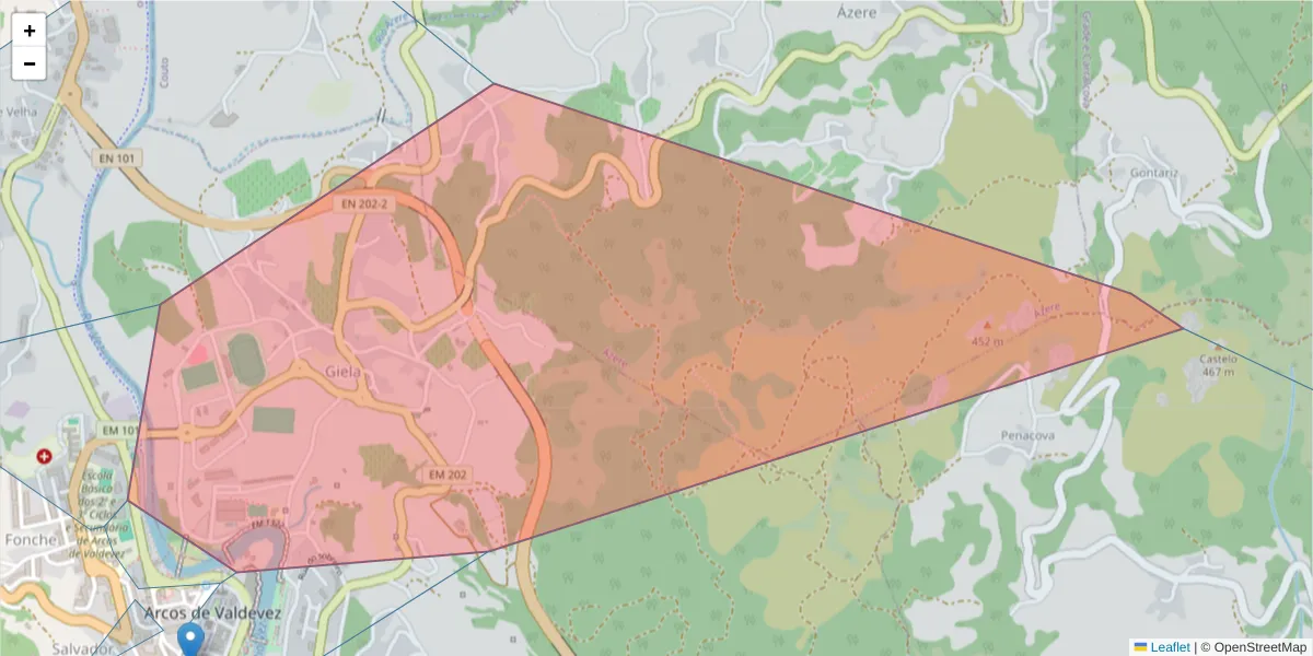 Mapa detalhado do código postal 4970-769 com limites, códigos postais vizinhos e agências dos correios
