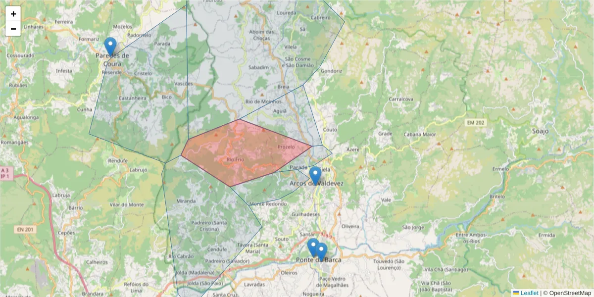 Mapa detalhado do código postal 4970 com limites, códigos postais vizinhos e agências dos correios