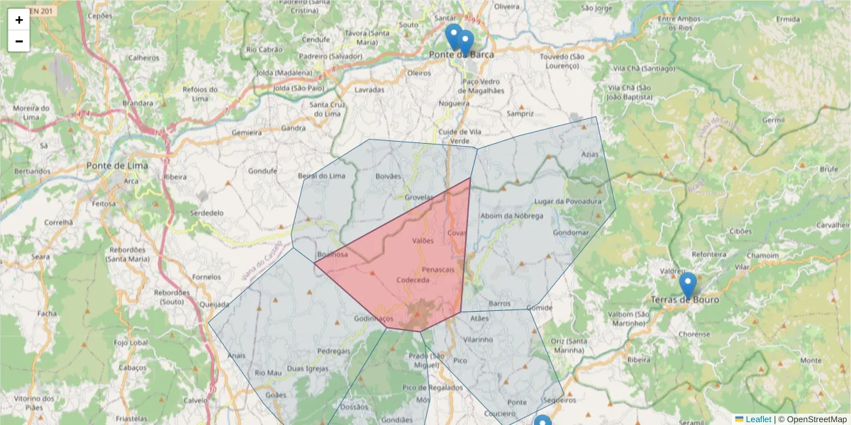 Mapa detalhado do código postal 4980-353 com limites, códigos postais vizinhos e agências dos correios