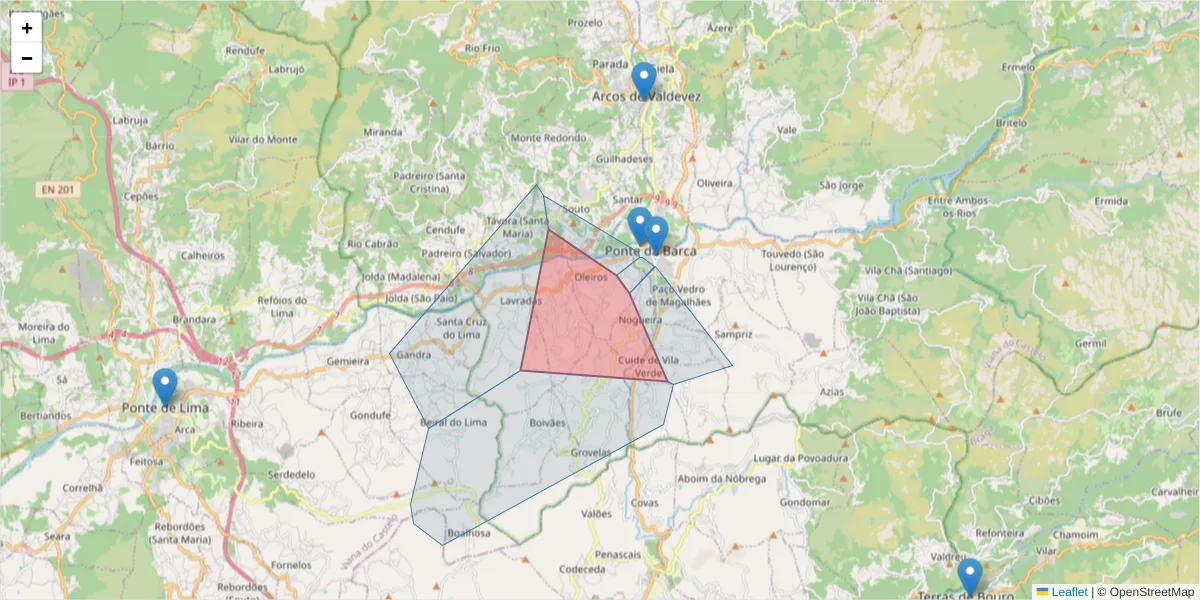 Mapa detalhado do código postal 4980-521 com limites, códigos postais vizinhos e agências dos correios