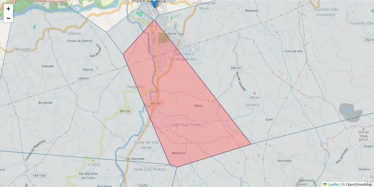 Mapa detalhado do código postal 4980-611 com limites, códigos postais vizinhos e agências dos correios
