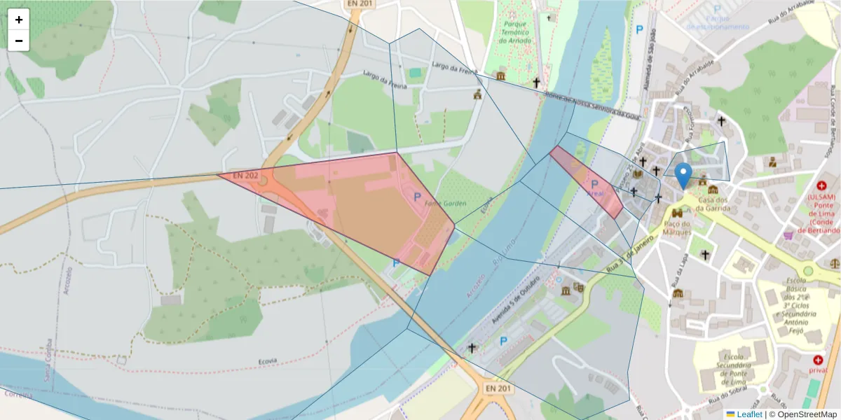 Mapa detalhado do código postal 4990-000 com limites, códigos postais vizinhos e agências dos correios