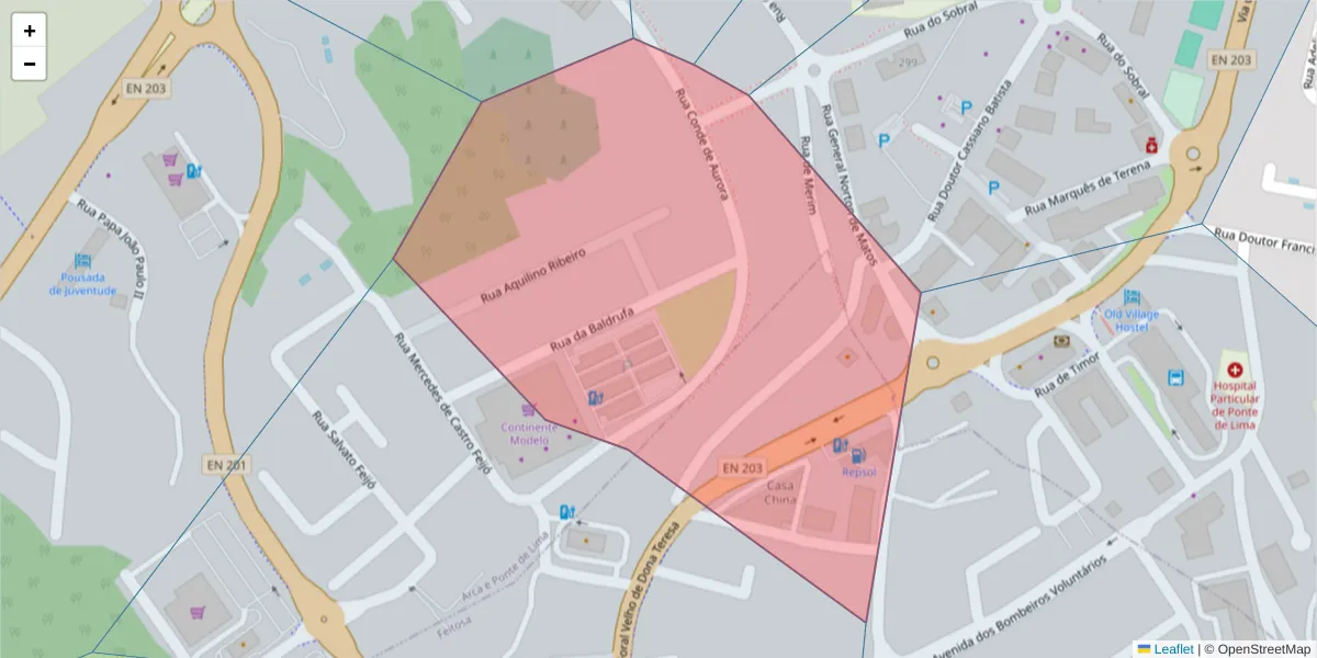 Mapa detalhado do código postal 4990-035 com limites, códigos postais vizinhos e agências dos correios