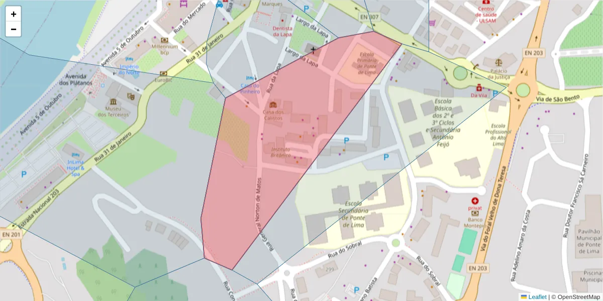 Mapa detalhado do código postal 4990-064 com limites, códigos postais vizinhos e agências dos correios