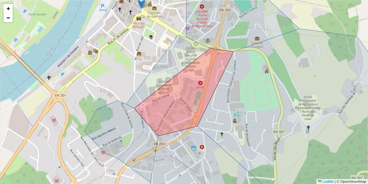 Mapa detalhado do código postal 4990-079 com limites, códigos postais vizinhos e agências dos correios
