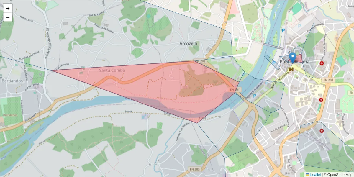Mapa detalhado do código postal 4990-120 com limites, códigos postais vizinhos e agências dos correios