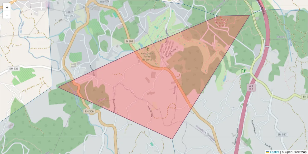 Mapa detalhado do código postal 4990-349 com limites, códigos postais vizinhos e agências dos correios