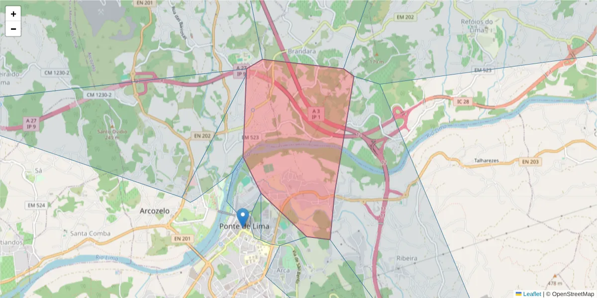 Mapa detalhado do código postal 4990-374 com limites, códigos postais vizinhos e agências dos correios