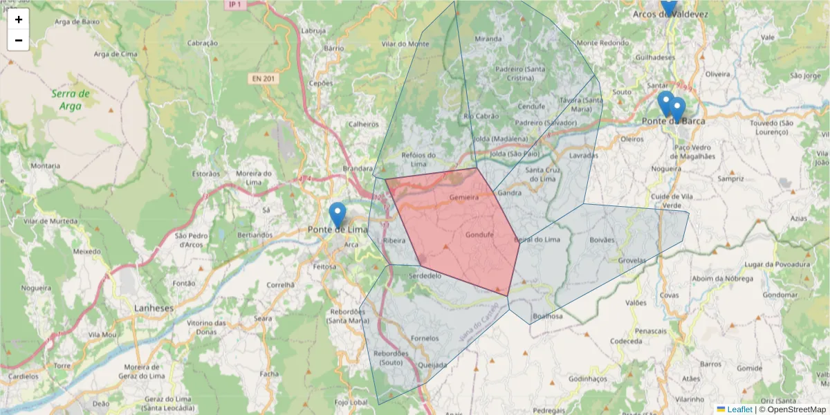 Mapa detalhado do código postal 4990-414 com limites, códigos postais vizinhos e agências dos correios
