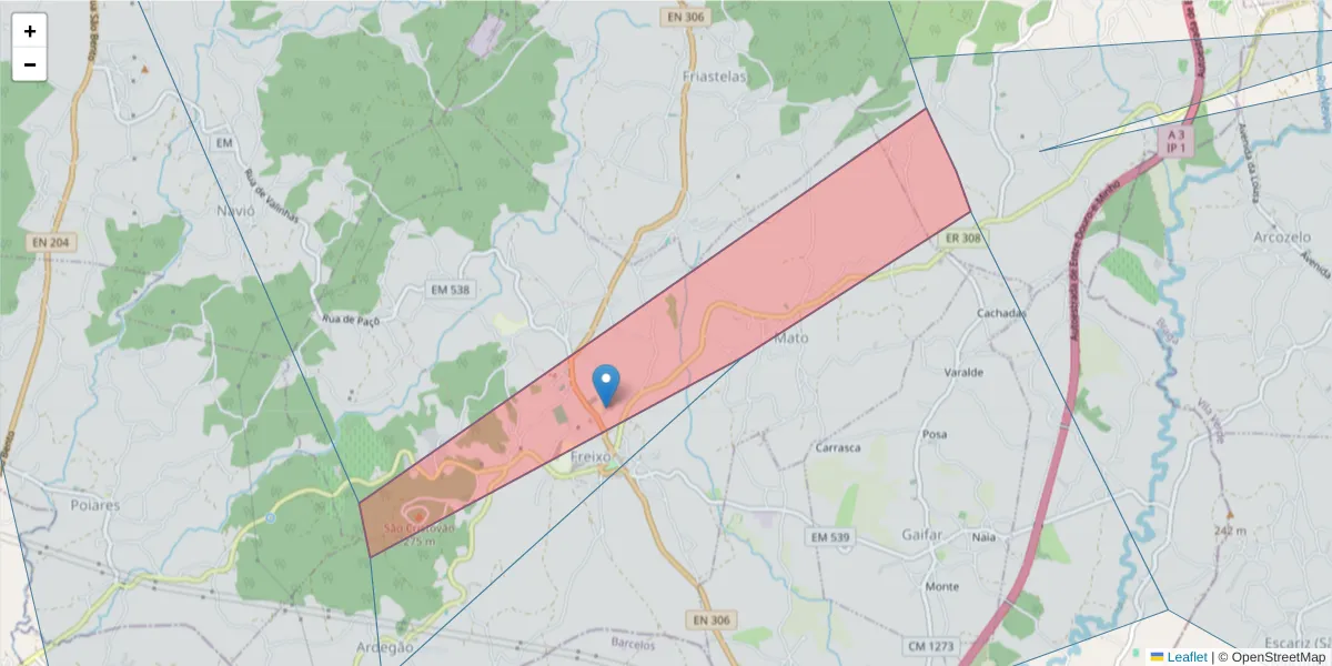 Mapa detalhado do código postal 4990-445 com limites, códigos postais vizinhos e agências dos correios