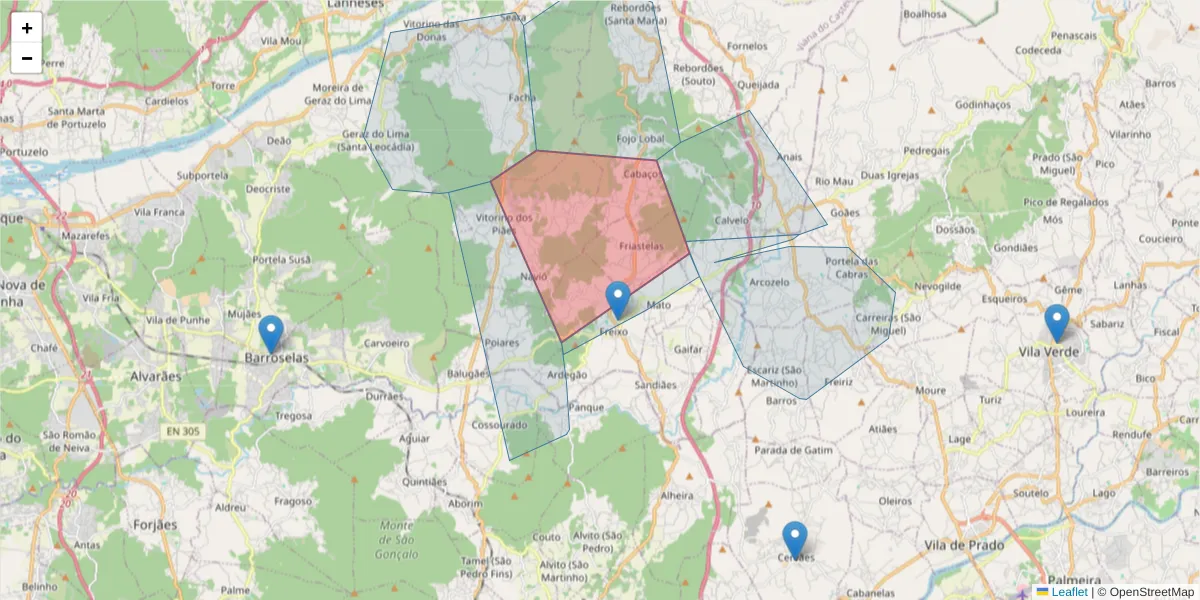 Mapa detalhado do código postal 4990-455 com limites, códigos postais vizinhos e agências dos correios