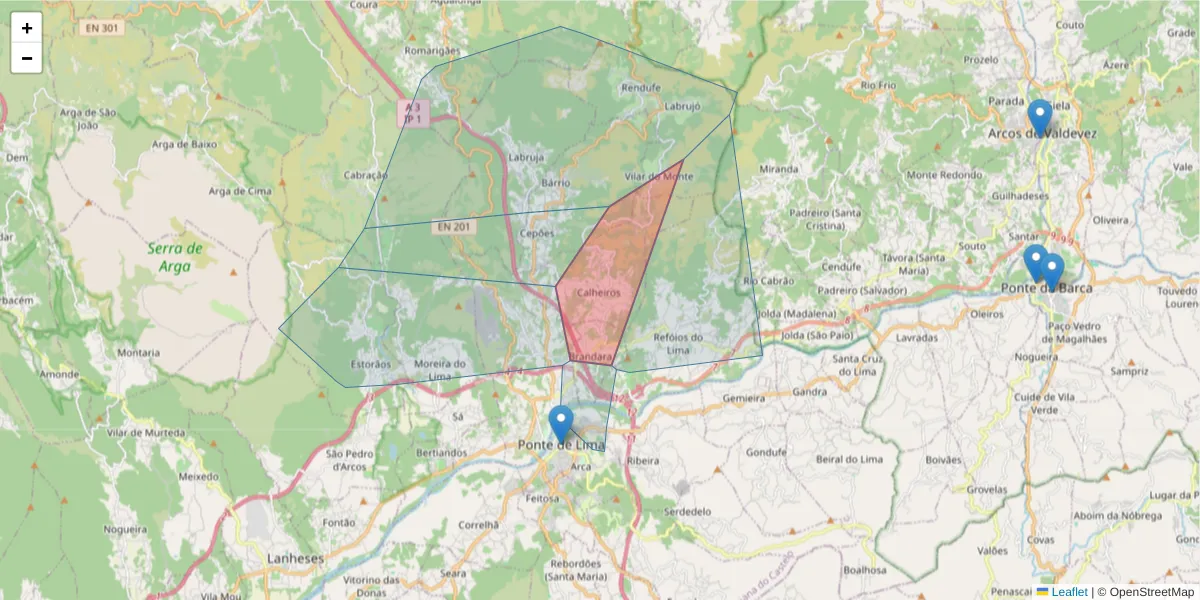 Mapa detalhado do código postal 4990-575 Ponte de Lima com limites, códigos postais vizinhos e agências dos correios