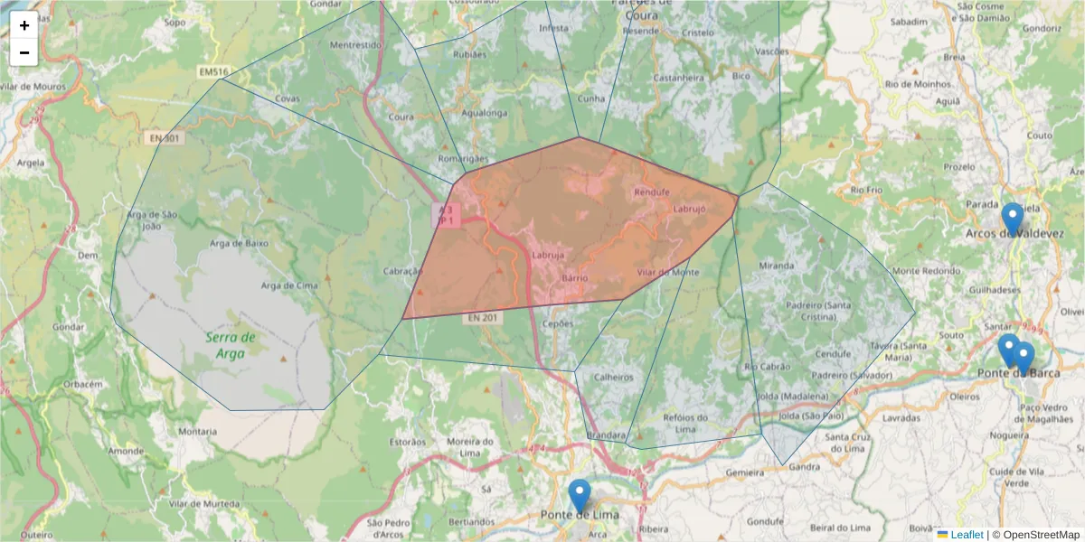 Mapa detalhado do código postal 4990-655 com limites, códigos postais vizinhos e agências dos correios