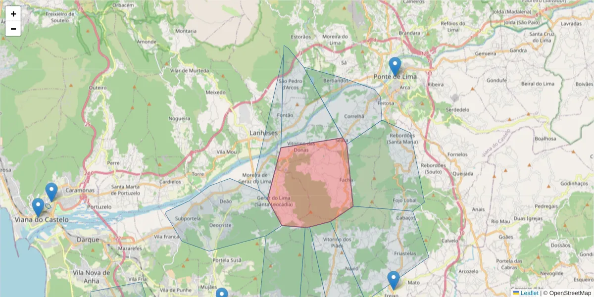 Mapa detalhado do código postal 4990-800 com limites, códigos postais vizinhos e agências dos correios
