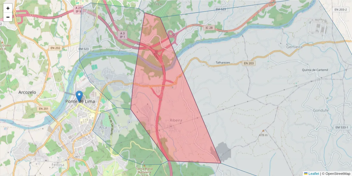 Mapa detalhado do código postal 4990-909 com limites, códigos postais vizinhos e agências dos correios