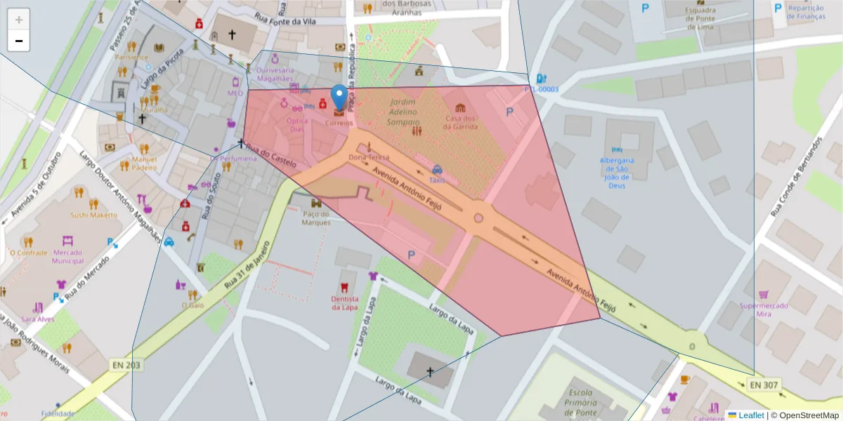 Mapa detalhado do código postal 4990-999 com limites, códigos postais vizinhos e agências dos correios