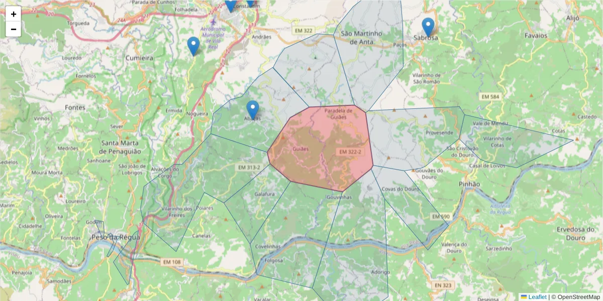 Mapa detalhado do código postal 5000-111 com limites, códigos postais vizinhos e agências dos correios