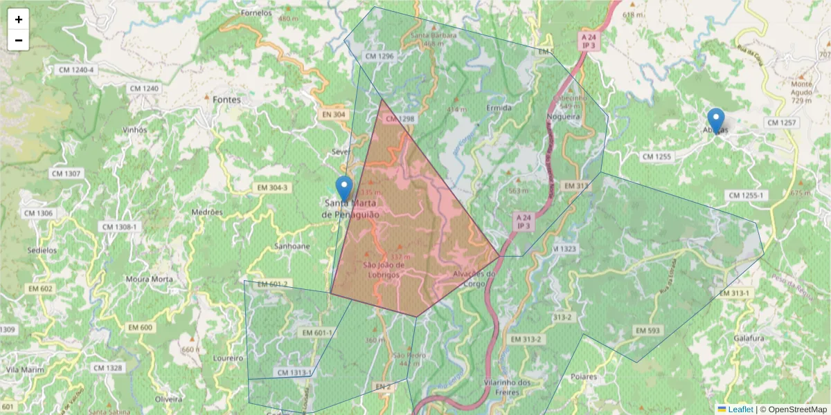 Mapa detalhado do código postal 5030-453 com limites, códigos postais vizinhos e agências dos correios